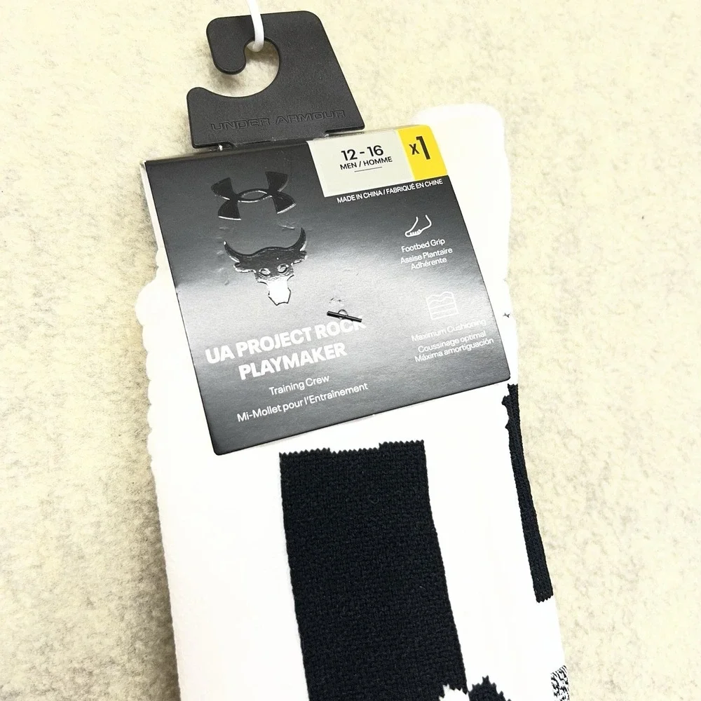Under Armour Project Rock Playmaker Crew Socks White Black Men's 12-16 NWT